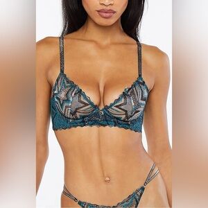 NWT Savage X Fenty Shining Star Sheer Embroidered Bra 34C Green/Black